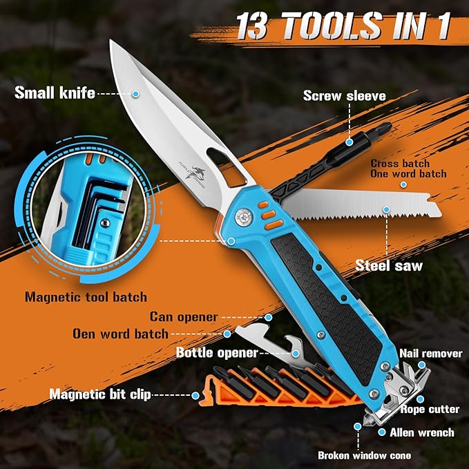 Purple Dragon Multitool13-in-1 Pocket Knife with SheathPerfect for Camping Hiking &amp Outdoor Use Gift for Men Dad Husband– Blue