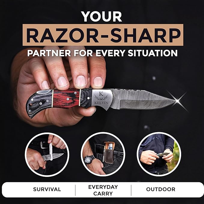 Custom Pocket Knife gifts for Men Personalized Damascus Folding Knife Engraved Gifts for Him Dad Boyfriend Husband Anniversary Groomsmen Gifts. Custom Knife for Camping Hunting Everyday Carry (