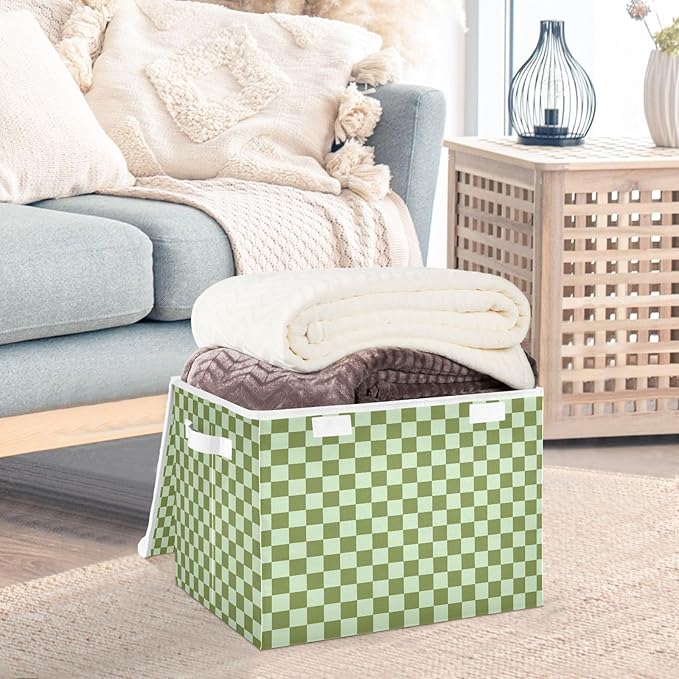 Light Green Checkerboard Storage Baskets Lidded Bin Foldable Storage Boxes Cubes Lids with 2 Handles for Organizing Closet Home Office