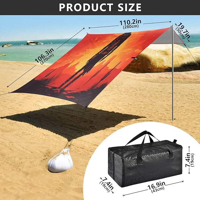 Sunset Cowboy Beach Tent Sun Shelter Set UPF50+ UV Protection 10.5 x 9.19 FT Camping Shade Canopy with Sandbags Sand Anchors Carrying Bag and Others