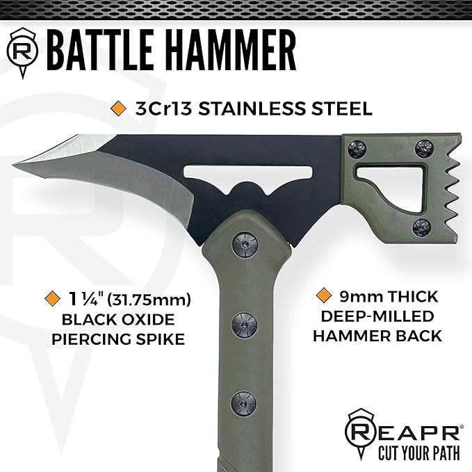 REAPR Battle Hammer – 15¾″ Fixed‑Head Hammer Axe with 3¼″ Cutting Blade Spike End &amp Nylon Handle with MOLLE-Compatible Sheath Ideal Demolition &amp Tactical Use