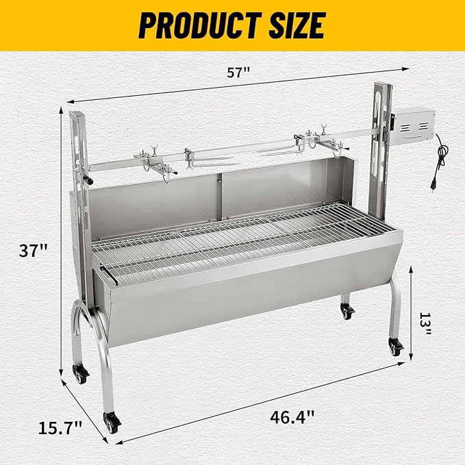 176LBS Rotisserie Grill with Hooded Cover 25W Motor BBQ Lamb Pig Roaster 47 Stainless Steel Charcoal Grill for Camping Outdoor Barbecue