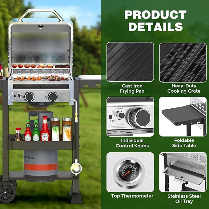 ‌2-Burner Gas Grill Stainless Steel 16000 BTU BBQ Grill with Foldable Side Shelves &amp Storage Shelf – Ideal Propane Grill for Outdoor Barbecues Patio Gatherings and Camping