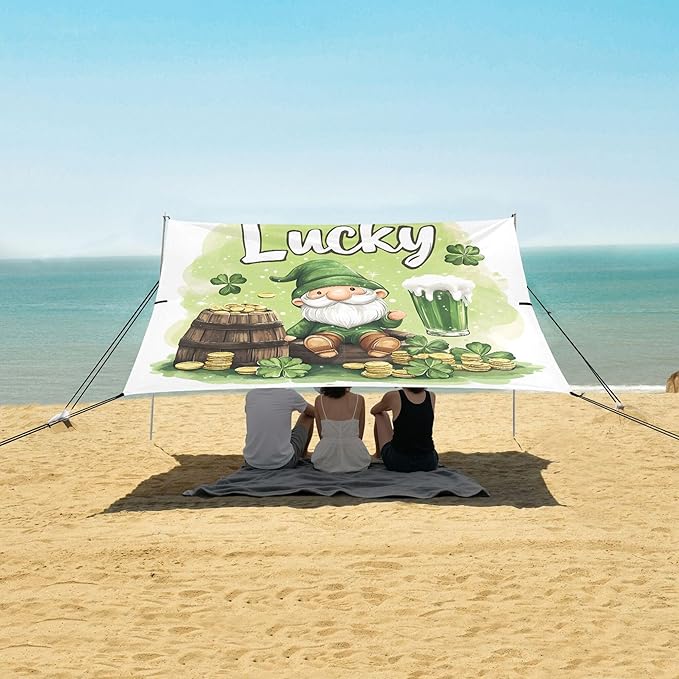 St. Patrick's Day Beach Canopy Sun Shelter with Sandbags &amp Sand Shovel &amp Windproof Ropes - Portable 110x126 Beach Shade Beach Tent for Camping Picnics