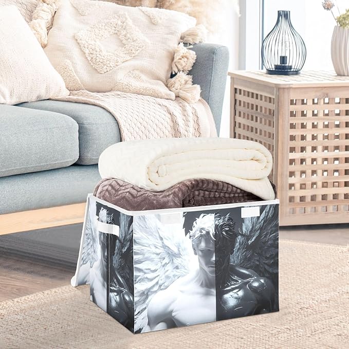 Black and White Angel Storage Cube Bins Basket with Lid Collapsible Flip-top Fabric with Handle for Home Bedroom Closet Office 16.5×12.6×11.8 in