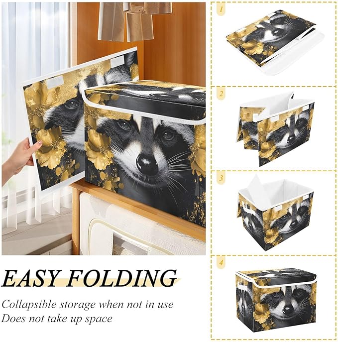 AIXIWAWA Lidded Storage Cube (Gold Floral Raccoon) Fabric Foldable Closet Bins with Flip Lid and Handles Organizer Basket Container 16.5 x 12.6 x 11.8 IN