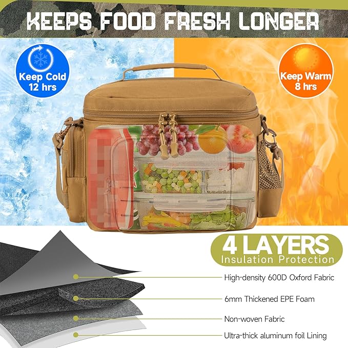 QT&ampQY Tactical Lunch Bag for mens Military heavy duty lunch box work Leakproof insulated Durable Thermal Cooler Bag for Adult Meal for Office Camping Picnic Pail MOLLE Webbing Khaki