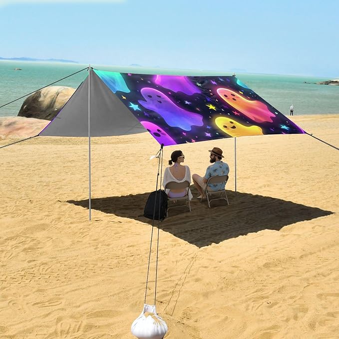 ALAZA Colorful Ghost Stars Pattern Beach Tent Sun Shelter UPF50+ Protection Beach Shade Canopy w/ 4 Sandbags for Outdoor Camping Fishing Backyard Fun Picnic 10x9 ft