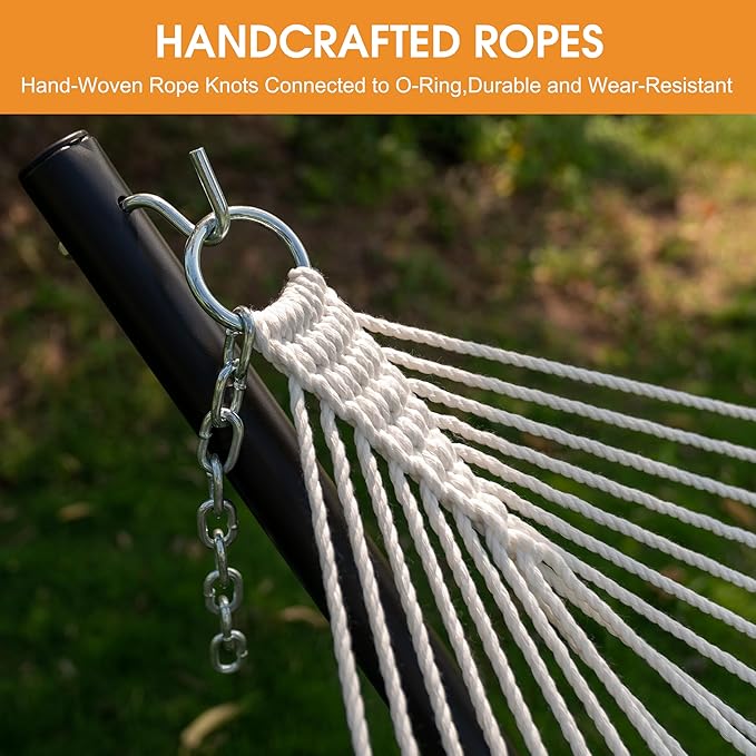 Lazy Daze Hammocks 12 FT Double Quilted Fabric Hammock with Hardwood Spreader Bar Tassels Soft Pillow Chains 2 Person Hammock for Outside Patio Backyard Poolside 450 LBS Weight Capacity Cream