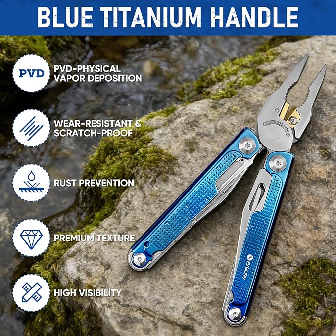BIBURY Multitool Pliers BI2049BL with Blue Titanium Handle EDC Multi Tool with Replaceable Wire Cutter Full-Size Scissors and Screwdirver Set Heavy Duty Hand Tool for DIY Repair Camping Survival