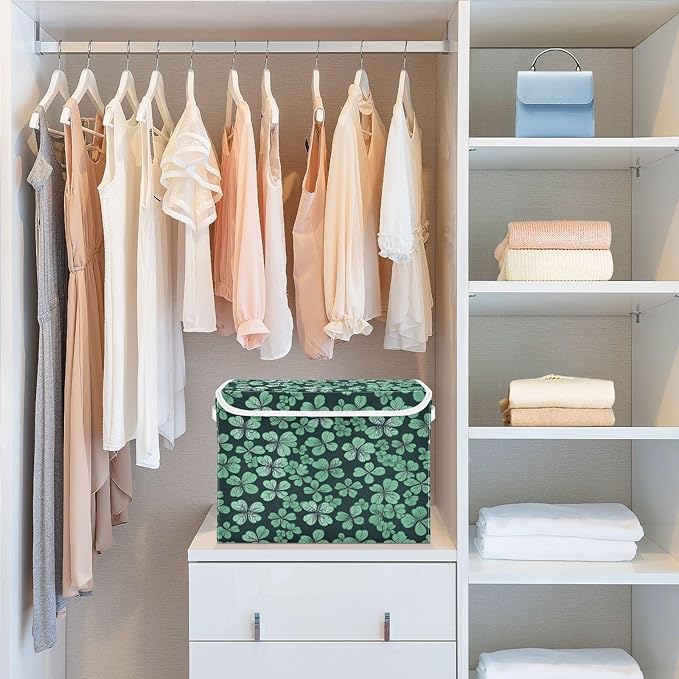 Shamrock Storage Baskets with Lids Collapsible Bins Stackable Fabric Linen Baskets St. Patrick's Day Closet Organizer Container 16.5x12.6x11.8