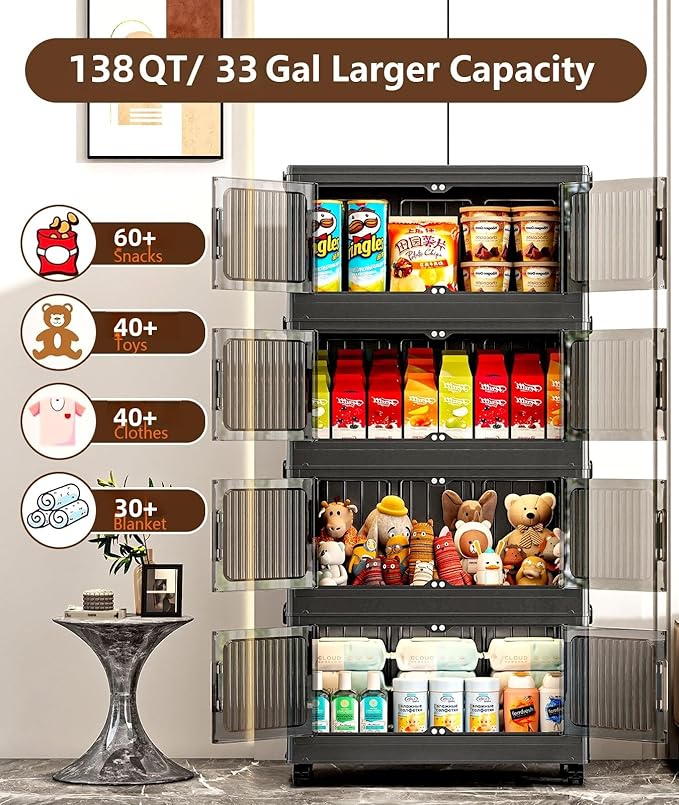 4-Tier Stackable Storage Bins with LidFoldable Plastic Drawer Storage with WheelsCloset Organizers and Storage for Living Room Office Dorm