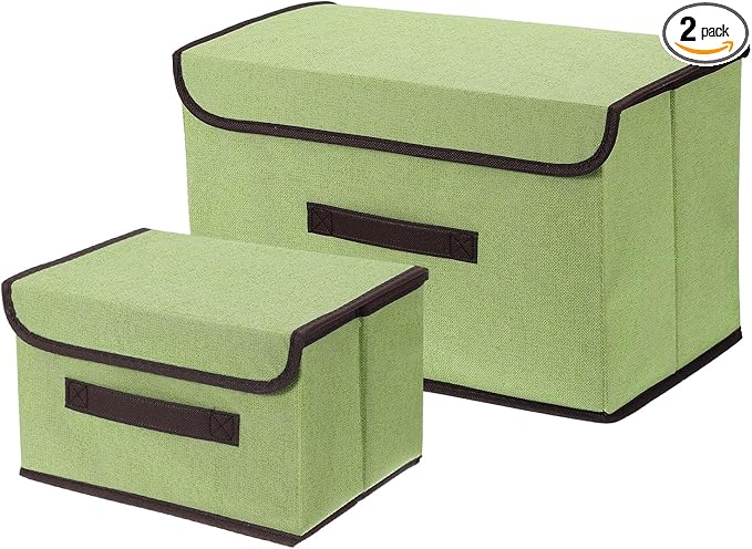 uxcell 2Pcs Storage Bin with Lid Fabric Foldable Box Decorative Storage Boxes with Lids for Keepsake Shelf Closet Nursery Home Bedroom(Green S &amp L Size)