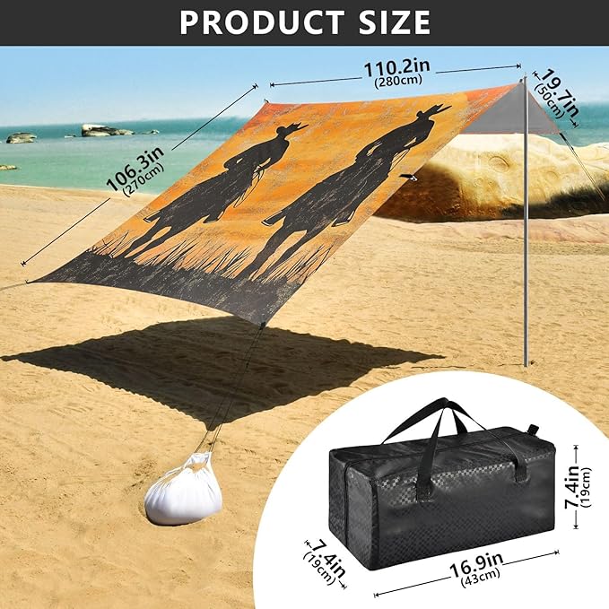 Two Western Cowboys Beach Tent UPF50 Waterproof Shade Sun Shelter with Sandbags and Shovel for Camping Picnics Backyard &amp Fishing