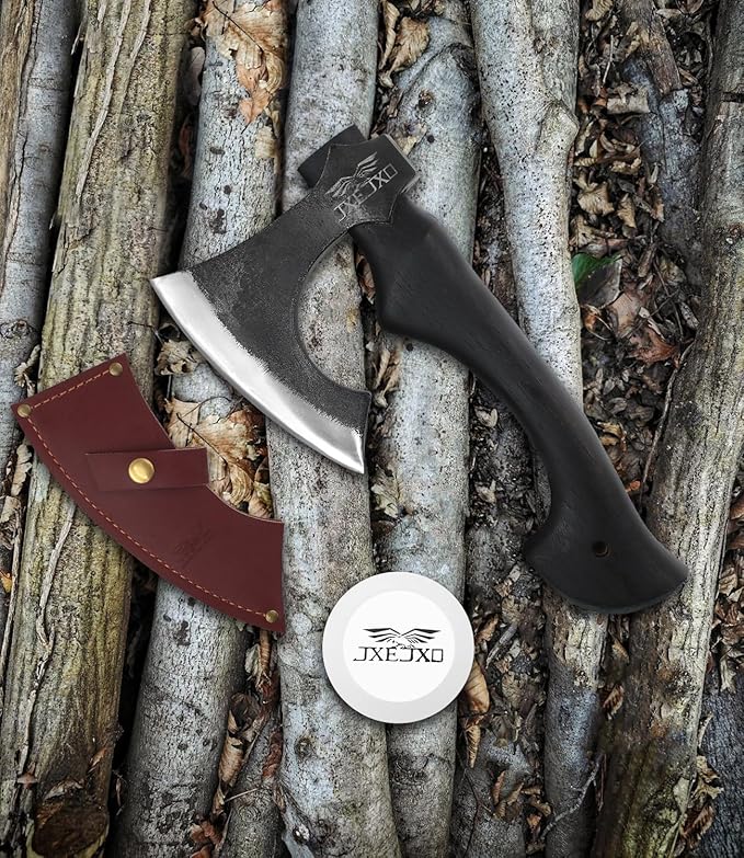JXE JXO 13 Inch Hatchet Camping Hatchet 1065 High Manganese Steel Hickory Handle Tomahawk Axe with Leather Sheath