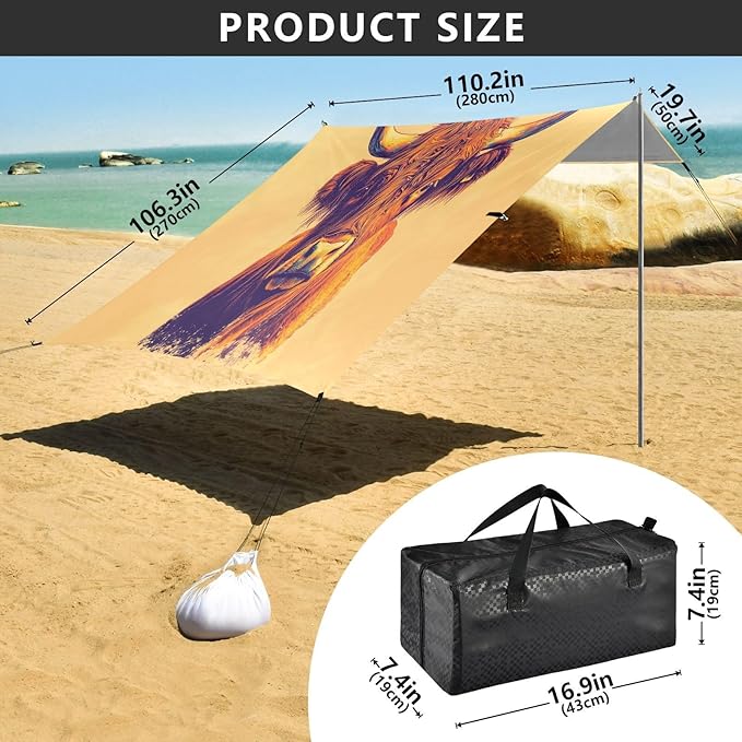 Highland Cow Orange Beach Tent Sun Shelter Set UPF50+ UV Protection 10.5 x 9.19 FT Camping Shade Canopy with Sandbags Sand Anchors Carrying Bag and Others