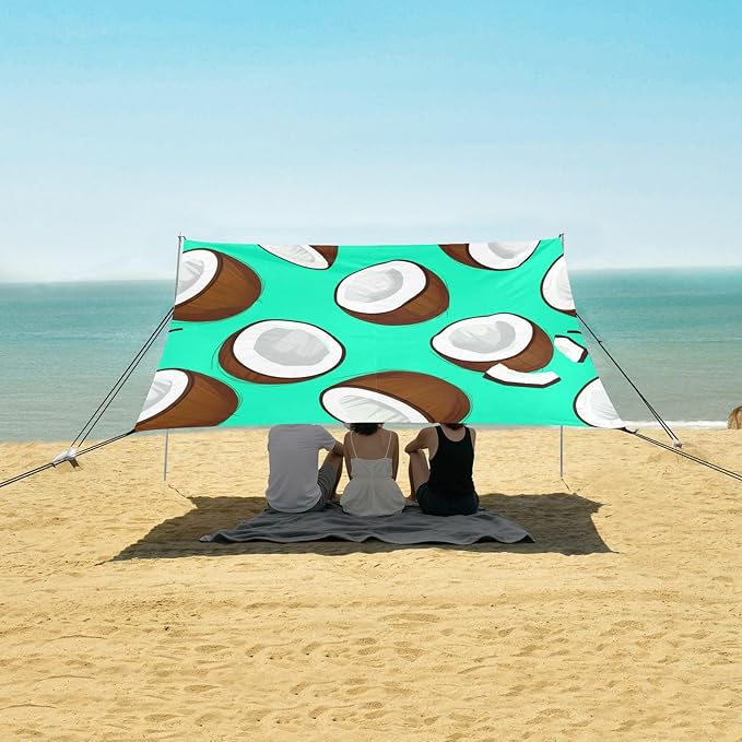 xigua Coconuts Beach Tent Sun Shelter with Carrying Bag - Silver Coated Oxford Fabric Beach Canopy for Beach Camping Fishing - Includes Windproof Ropes Sandbags &amp Stakes