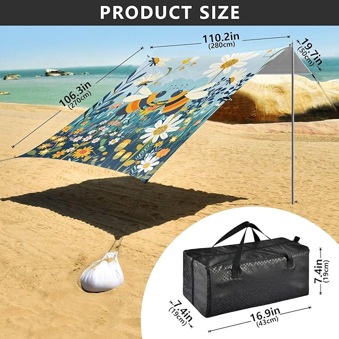 ALAZA Bees Daisy Flowers Beach Tent Sun Shelter UPF50+ Protection Beach Shade Canopy w/ 4 Sandbags for Outdoor Camping Fishing Backyard Fun Picnic 10x9 ft