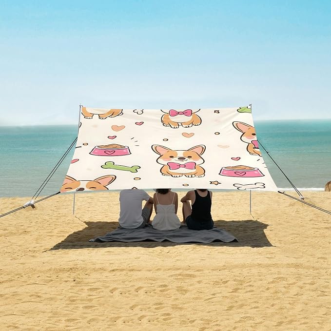 ALAZA Corgi Dog with Bones Pattern Beach Tent Sun Shelter Portable Canopy Sunshade for Outdoor Camping Picnics Backyard Fun 10x9 ft