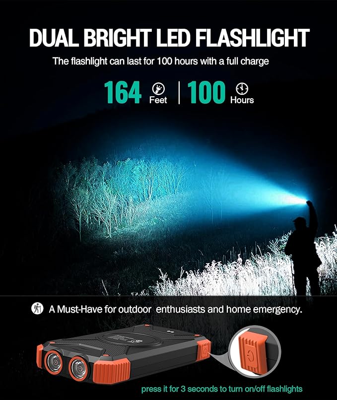 BLAVOR Solar Power Bank 10000mAh Portable Wireless Charger 20W Fast Charging External Battery Pack with USB C for Cell Phones Solar Panel Charging with Dual Flashlight for Camping
