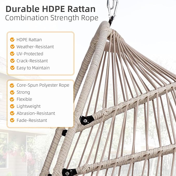 Foldable Hanging Egg Chair with Stand HDPE Rattan and Heavy Duty Aluminum-Steel Frame Outdoor Patio Wicker Swing Egg Chair with Headrest and Cushioned 350 Lbs Capacity (Blue)