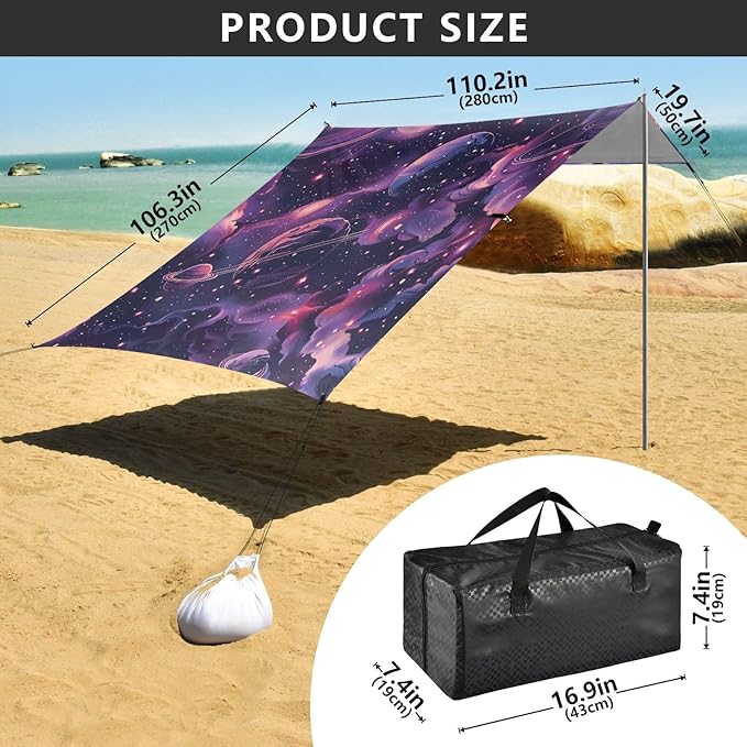 ALAZA Pink Universe Planets Nebula Beach Tent Sun Shelter UPF50+ Protection Beach Shade Canopy w/ 4 Sandbags for Outdoor Camping Fishing Backyard Fun Picnic 10x9 ft