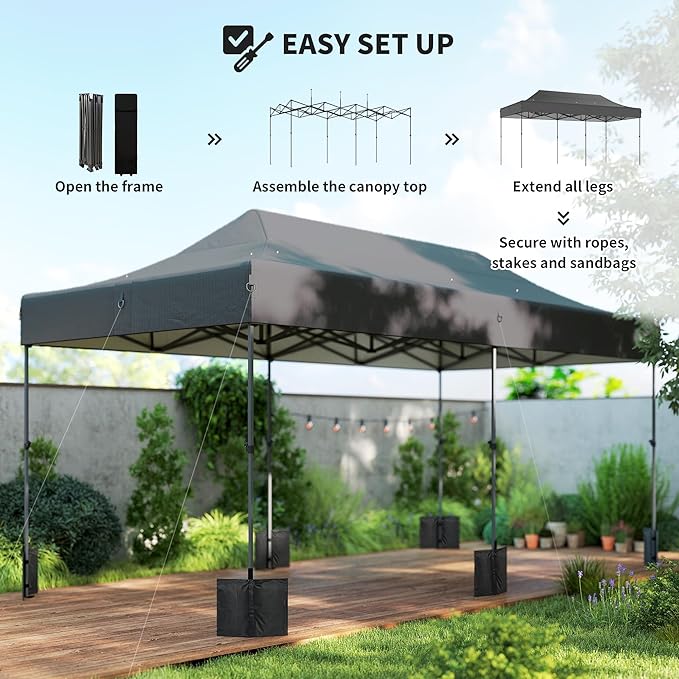 Outsunny 10 x 20 ft Pop Up Canopy Tent Heavy Duty UPF50+ Outdoor Portable Instant Canopy Shelter with Wheeled Carry Bag Sandbags Adjustable Height for Parties Events Camping Dark Gray