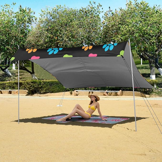 xigua Paw Print Beach Tent Sun Shelter with Carrying Bag - Silver Coated Oxford Fabric Beach Canopy for Beach Camping Fishing - Includes Windproof Ropes Sandbags &amp Stakes