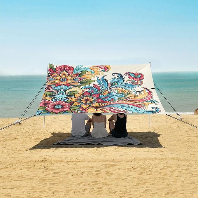 Traditional Floral Waves Beach Tent Sun Shelter Set UPF50+ UV Protection 10.5 x 9.19 FT Camping Shade Canopy with Sandbags Sand Anchors Carrying Bag and Others