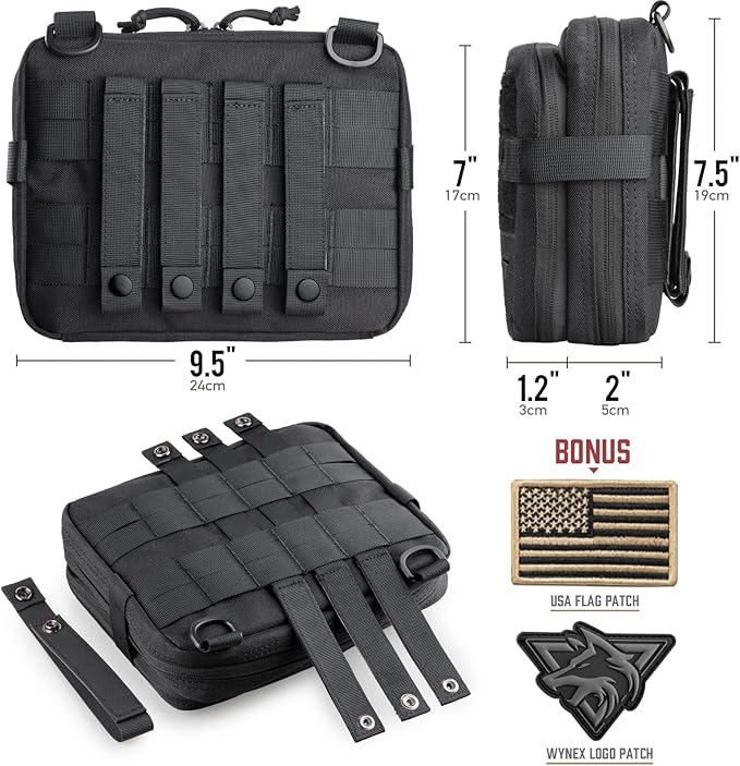 WYNEX Tactical Molle Admin Pouch of Laser Cut Design Utility Pouches Molle Attachment Military Medical EMT Organizer with Map Pocket EDC EMT Pack IFAK Tool Holder Universal U.S.A Patch Included