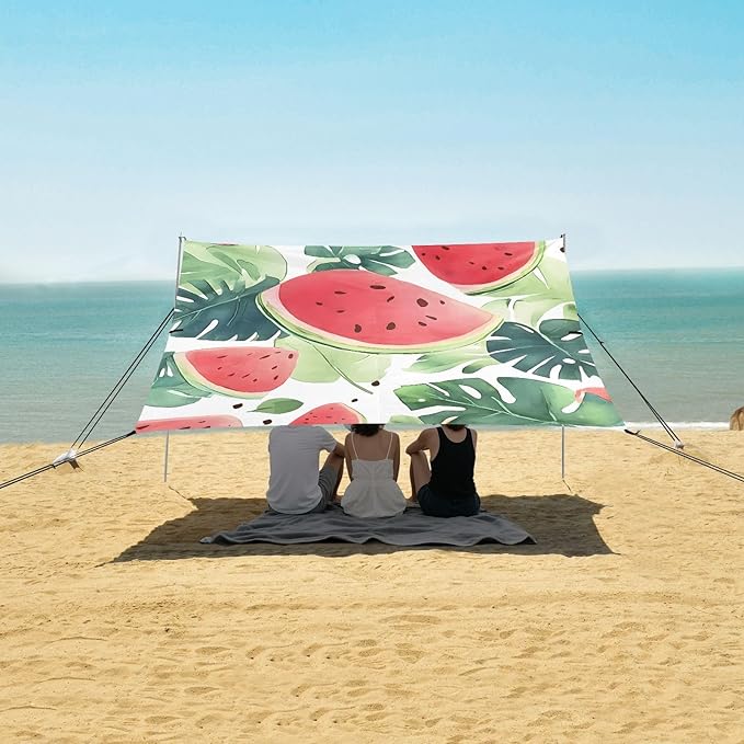 ALAZA Watermelon Tropical Leave Pattern Beach Tent Sun Shelter Portable Canopy Sunshade for Outdoor Camping Picnics Backyard Fun 10x9 ft