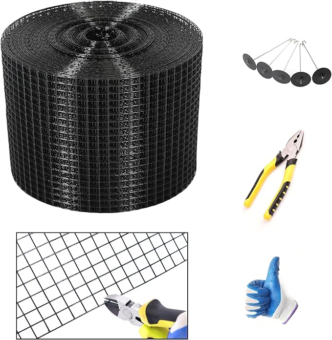 YESON Solar Panel Guard 10in X 100ft PVC Coated Critter Guard Roll Kit for Solar Panel Wire Screen Black Pigeon Barrier Netting with 120 Fastener Clips Cutting Scissor Gloves