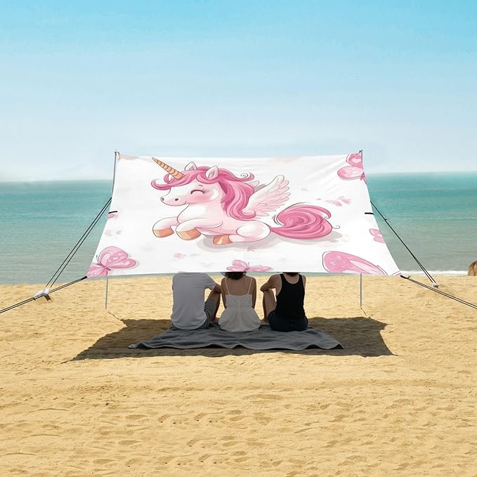 Cartoon Cute Pink Unicorns Butterfly Beach Tent &amp Canopy UPF50+ Protection Easy Setup Large Portable Sun Shelter with Sandbags &amp Sand Shovel for Camping Picnics Backyard &amp Fishing