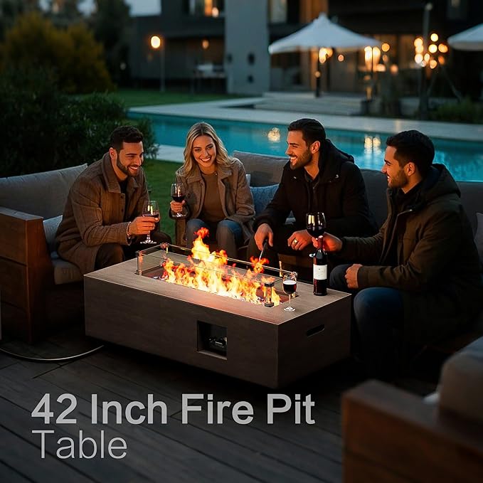 42 Outdoor Fire Pit Table 50000 BTU Gas Fire Pit with Glass Wind Guard Fire Stones Waterproof Cover Propane Fire Pit Table for Outside Patio (Brown)