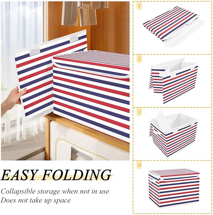 CaTaKu Large Fabric Storage Bins With LidsRed White Blue Stripe Storage Boxes With Handles for Organizing Clothes Collapsible Storage Cube Bins Baskets for Shelves