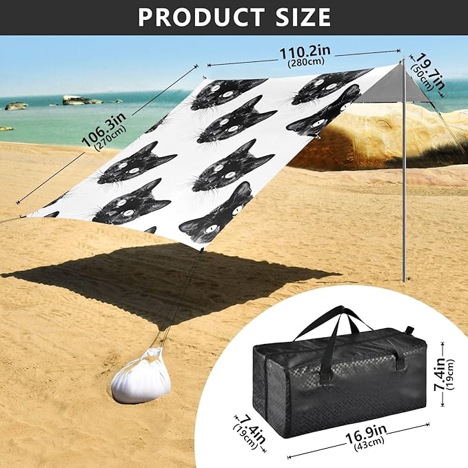 ALAZA Black Cats Heads Pattern Beach Tent Sun Shelter UPF50+ Protection Beach Shade Canopy w/ 4 Sandbags for Outdoor Camping Fishing Backyard Fun Picnic 10x9 ft