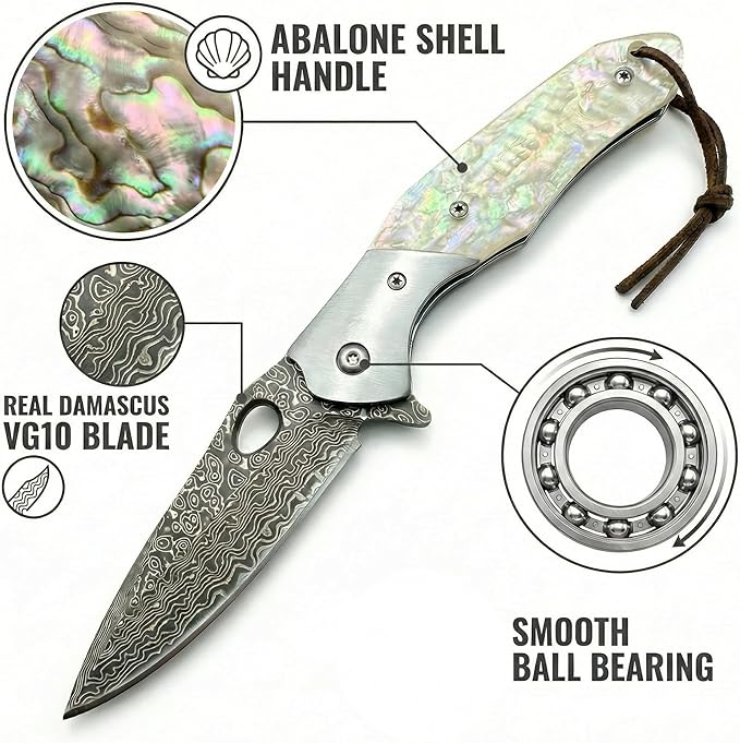 Damascus VG10 Steel Folding Pocket Knife 3.15 Blade MOP Handle EDC Knife with Mechanical Lock Pocket Clip for Men Women Camping Survival Hiking