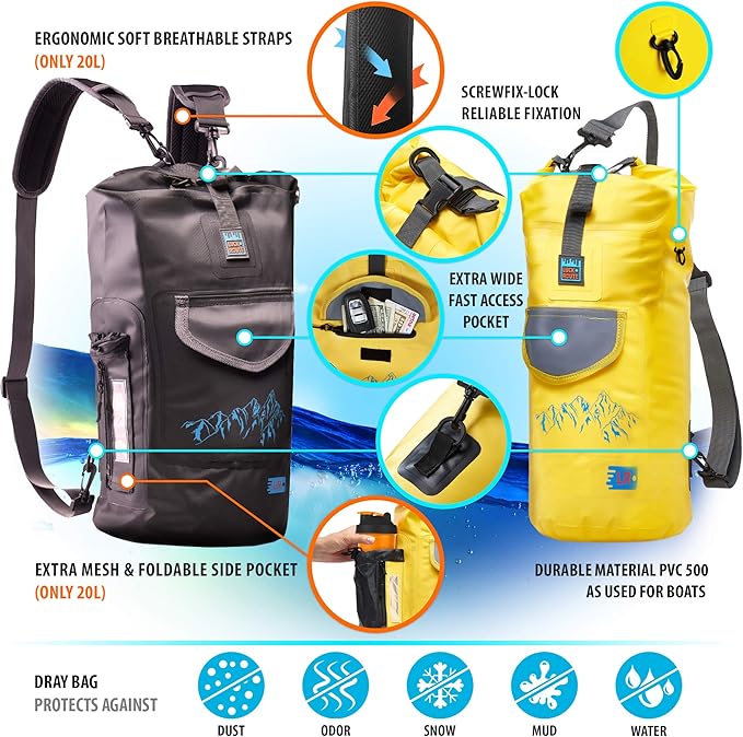 Luck route Dry Bag - Waterproof Backpack for Kayaking Boating and Fishing - Quick-Access Outer Pocket &amp 500D Tear Resistance PVC