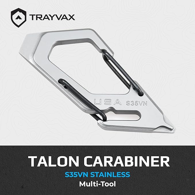 Trayvax Talon Carabiner Clip Multi-Tool S35VN Stainless Steel Quick Release Keychain Multitool with Bottle Opener and Screwdrivers Silver