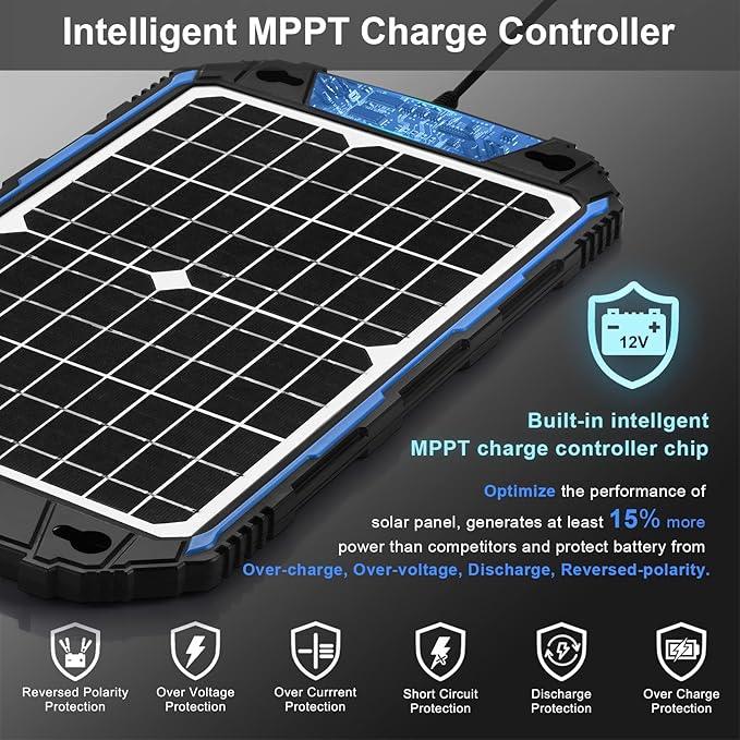 SUNER POWER Waterproof 12W 12V Solar Battery Charger &amp Maintainer Pro Built-in UltraSmart MPPT Charge Controller 12 Volt Solar Panel Trickle Charging Kits for Car Automotive Boat Marine RV Trail