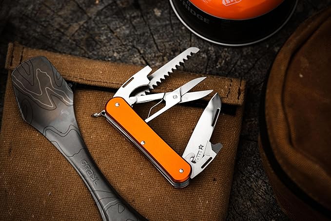 Fox Knives Vulpis FX-VP130-SF5 Slipjoint EDC Pocket Knife 5-in-1 Multitool - 2.17in Blade Hacksaw Bottle Opener Can Opener Scissors Flat Head Screwdriver - Every Day Carry (Orange)