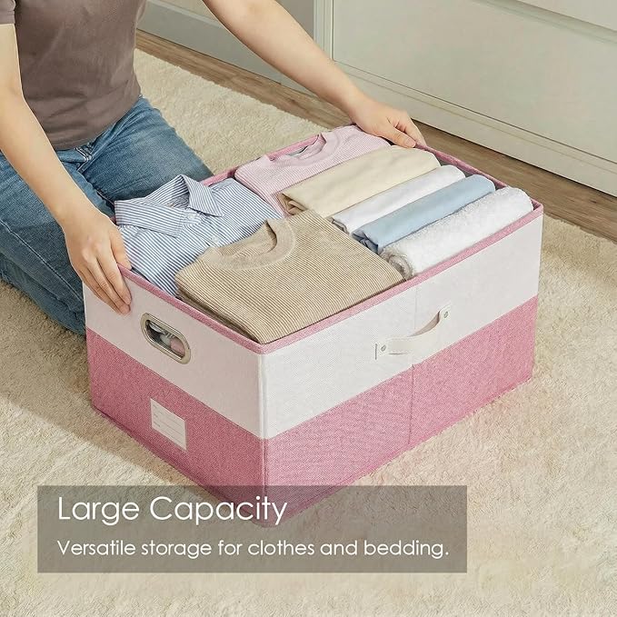PRANDOM Storage Bins with Lids [3-Pack] Linen Fabric Foldable Storage Boxes Organizer Containers Baskets Cube with Cover for Bedroom Closet Office White&ampPink (23.4X15.9X11.4)