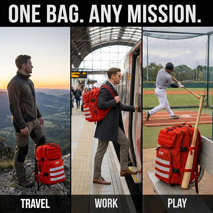 riderbag Xtreme 30L Tactical Carry-On Backpack for Airplanes Work Gym and Team Sports with 16 Inch Laptop Sleeve Stick Holder Recycled rPET Fabric Rain Cover (red)