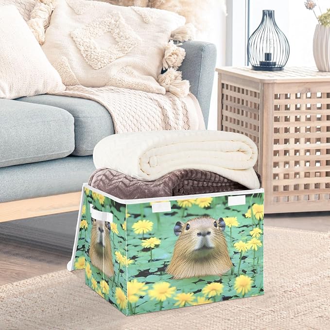 AIXIWAWA Lidded Storage Cube (Cute Capybara) Fabric Foldable Closet Bins with Flip Lid and Handles Organizer Basket Container 16.5 x 12.6 x 11.8 IN