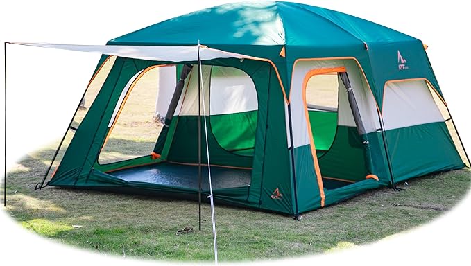 KTT Extra Large Tent 10-12-14 Person(B)Family Cabin Tents2 Rooms3 Doors and 3 Windows with MeshStraight WallWaterproofDouble LayerBig Tent for OutdoorPicnicCampingFamily Gathering