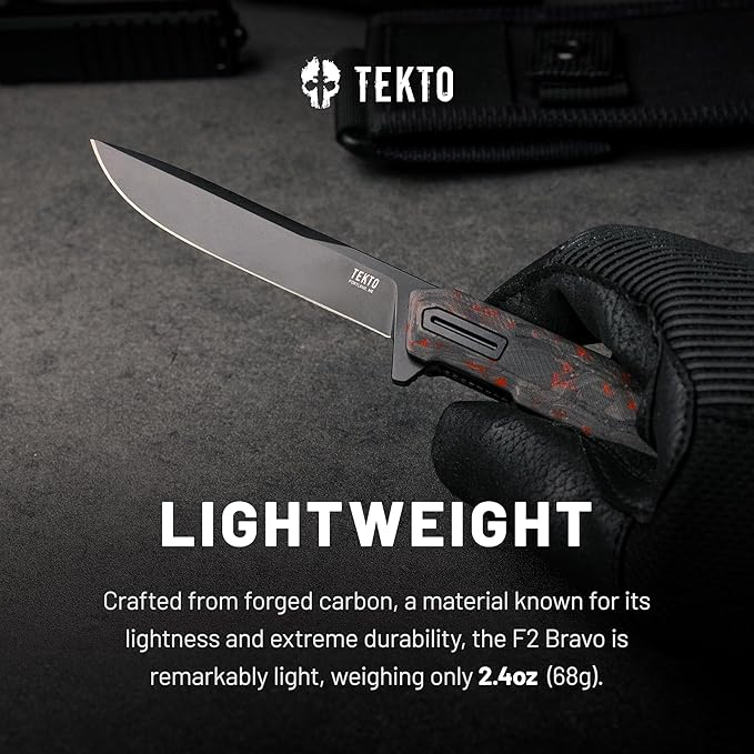 TEKTO F2 Bravo Folding Pocket Knife - D2 Steel Blade Ceramic Ball Bearings - EDC - Snap Swift Flip for Camping Backpacking - 2.4oz (68g) Forged Ember Handle Black Titanium Accents