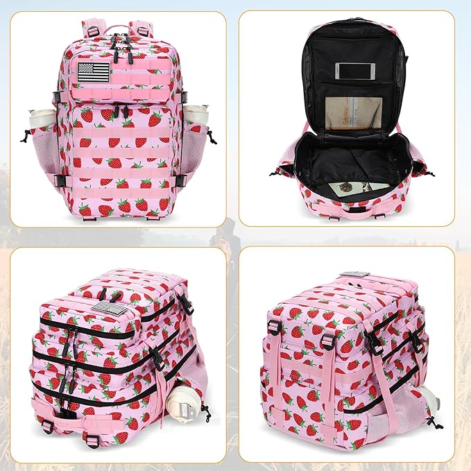 Lovelinks21 25L Tactical Military Backpack Small Travel Rucksack for Men and Women Assault Pack Bug Out Bag Molle Daypack Gym Backpack with Bottle Holder (Strawberry)