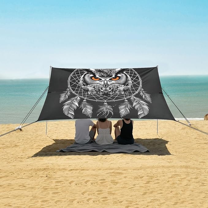 ALAZA Owl Portrait Dreamcatcher Beach Tent Sun Shelter UPF50+ Protection Beach Shade Canopy w/ 4 Sandbags for Outdoor Camping Fishing Backyard Fun Picnic 10x9 ft