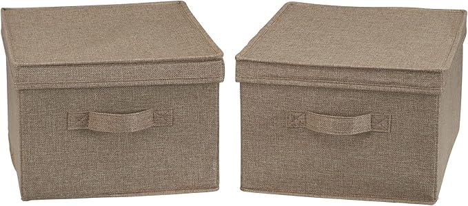 Household Essentials Large Fabric Storage Bins 2 Pack Soft Poly Linen with Sturdy Sides Attached Handle and Fully Removable Lid Brown