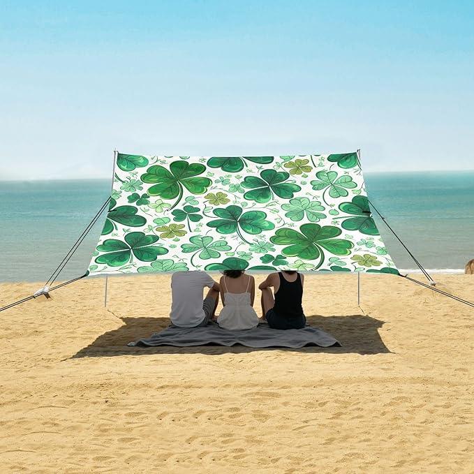 St Patrick's Clover Pattern Beach Tent Sun Shelter Set UPF50+ UV Protection 10.5 x 9.19 FT Camping Shade Canopy with Sandbags Sand Anchors Carrying Bag and Others